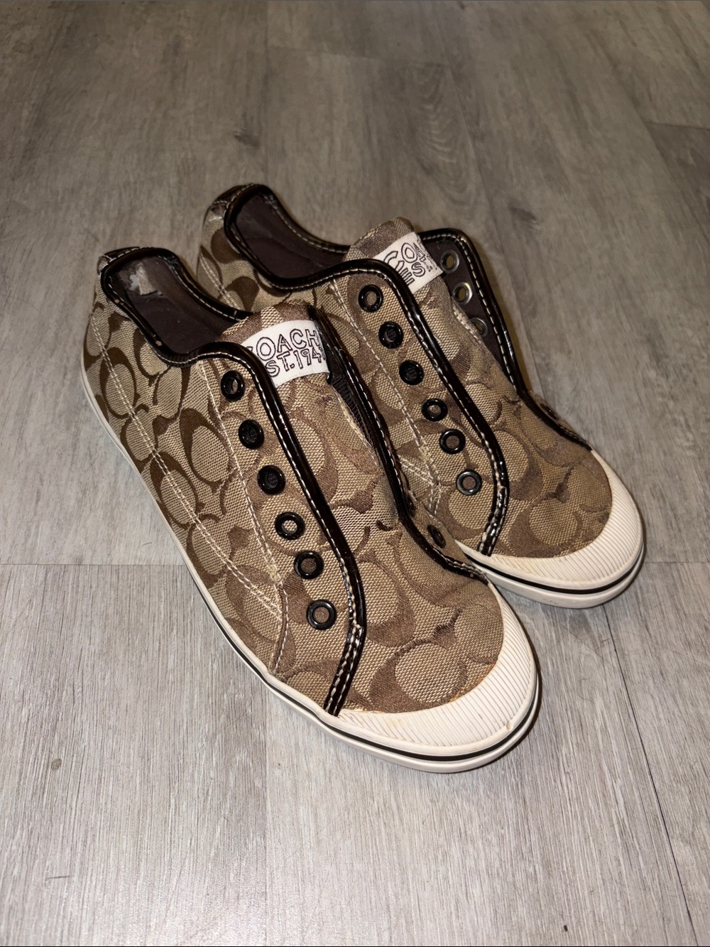 Coach Logo Slip-On Sneakers in Brown and Cream - Picture 1 of 5
